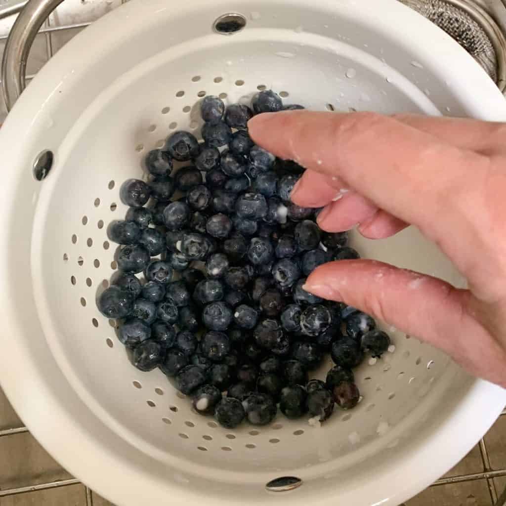 agiatating blueberries covered in baking soda