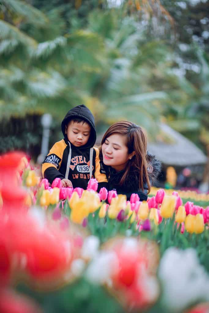 mom and her son looking closely at pink and yellow tulips growing out of the ground, woman is smiling
